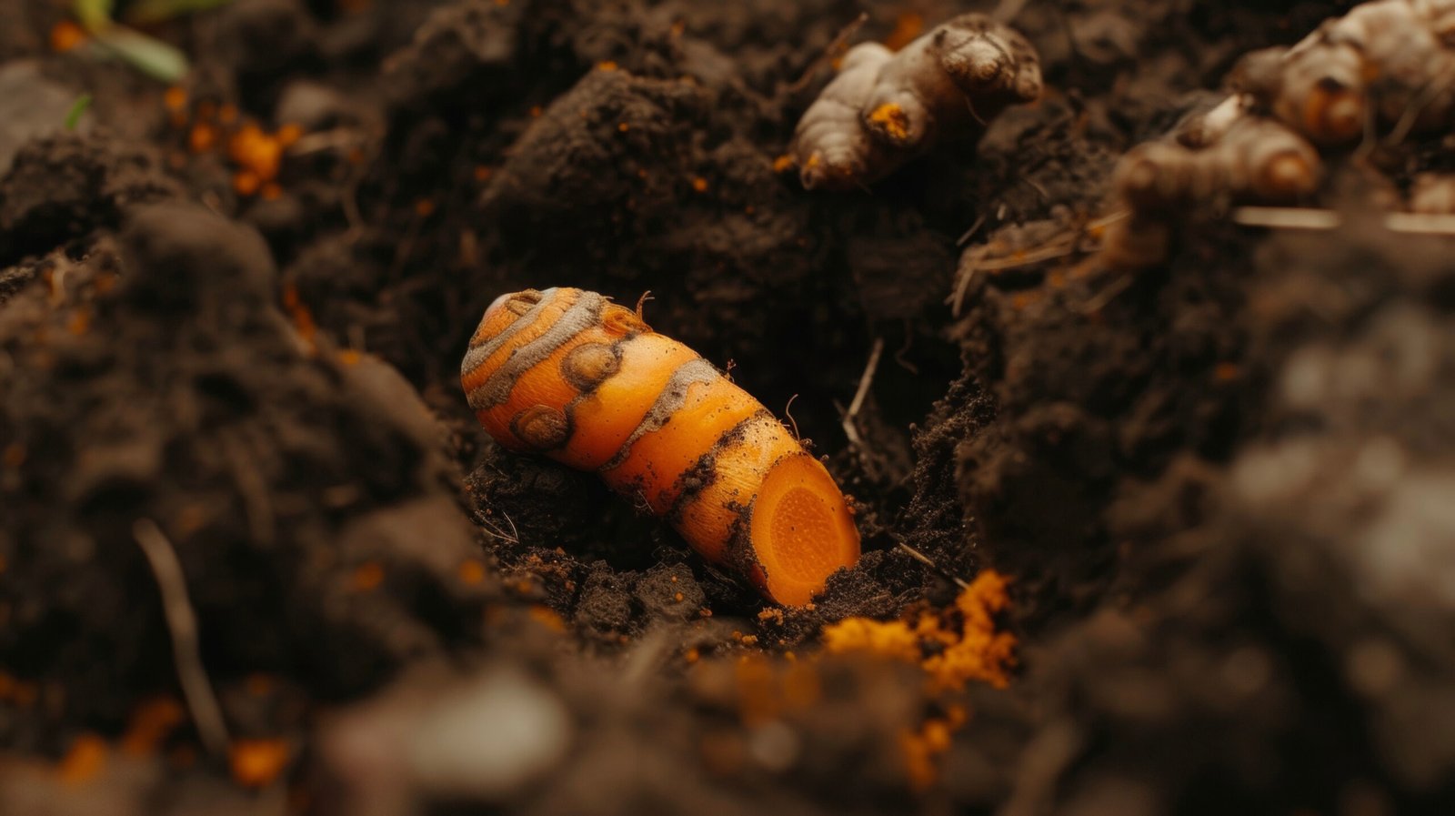 The bright orange hues of turmeric peeking through the soil promising its healing properties for inflammation and immunity